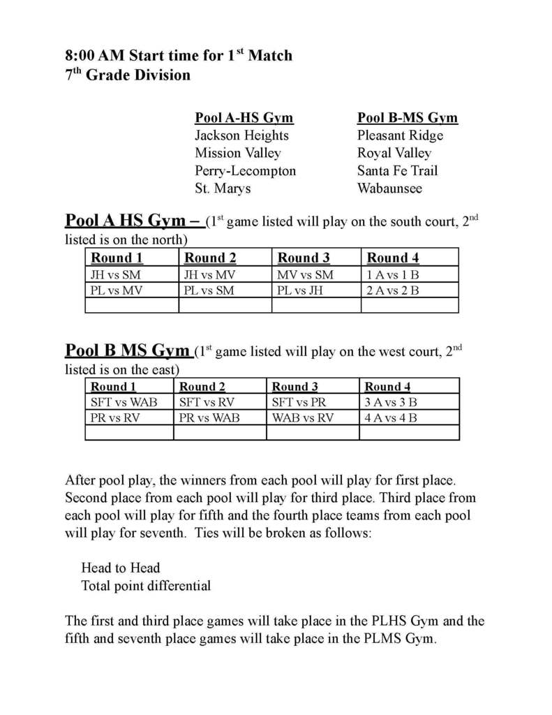 7th Grade VB Tournament Schedule at Perry-Lecompton 9-18-21